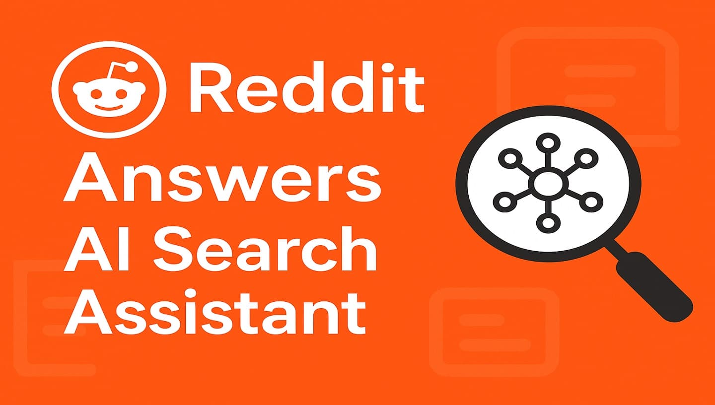Reddit Answers AI search assistant with magnifying glass icon on an orange background.